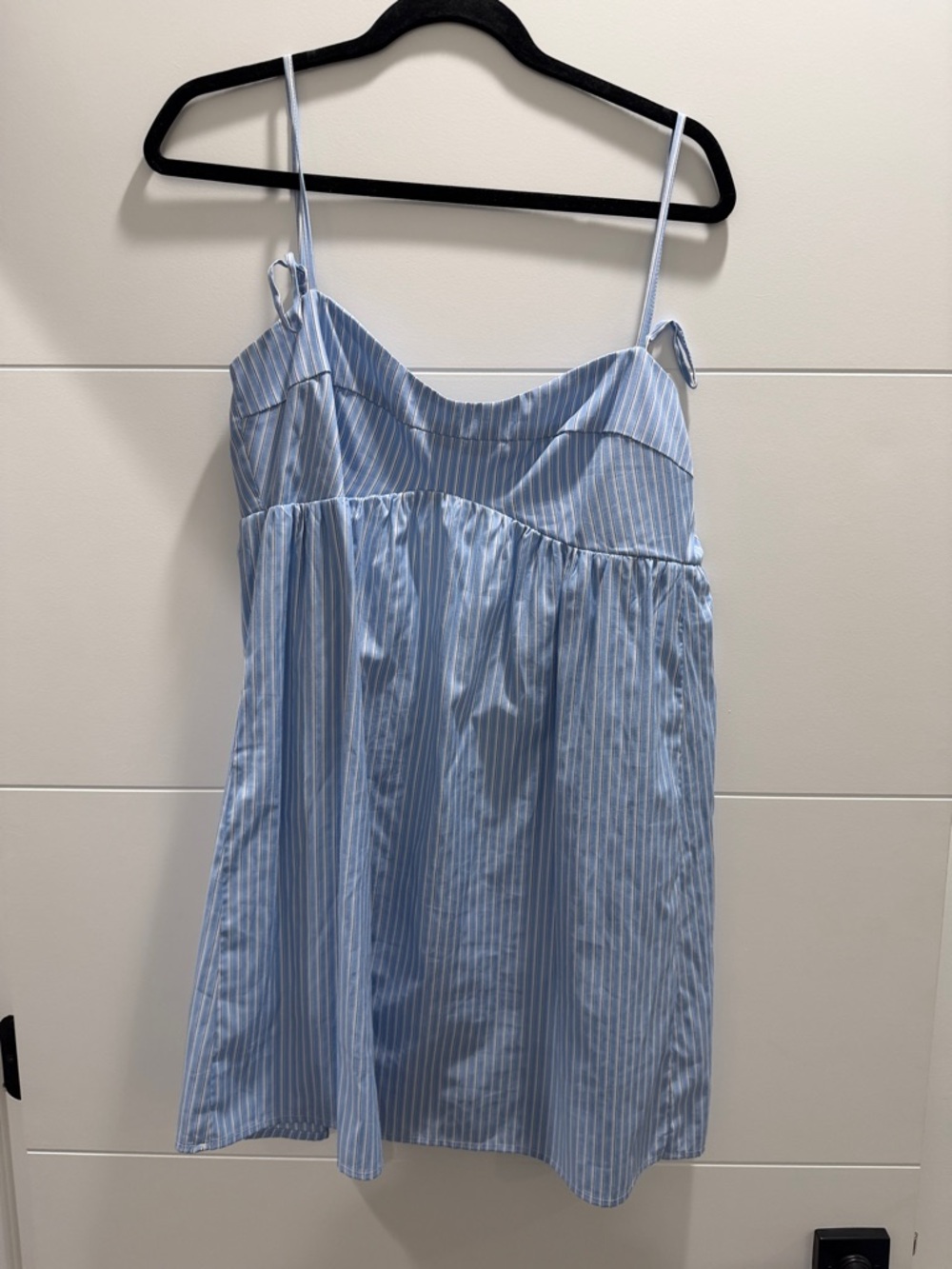 Olivaceous Light Blue and White Pinstripe Dress
